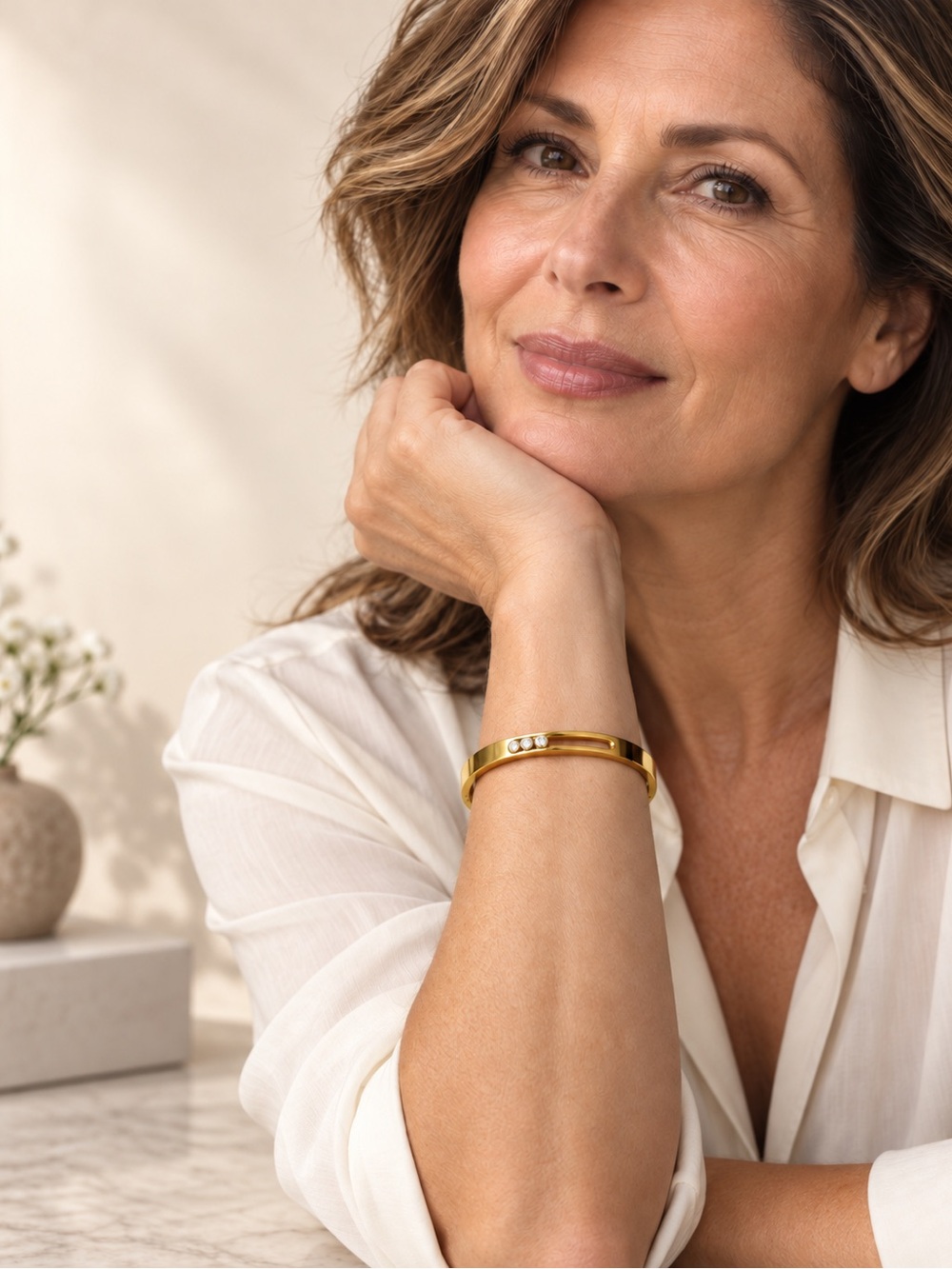 Gold Bangle Bracelet Cuff with Mobile Zirconia Women’s gift Stainless Steel .